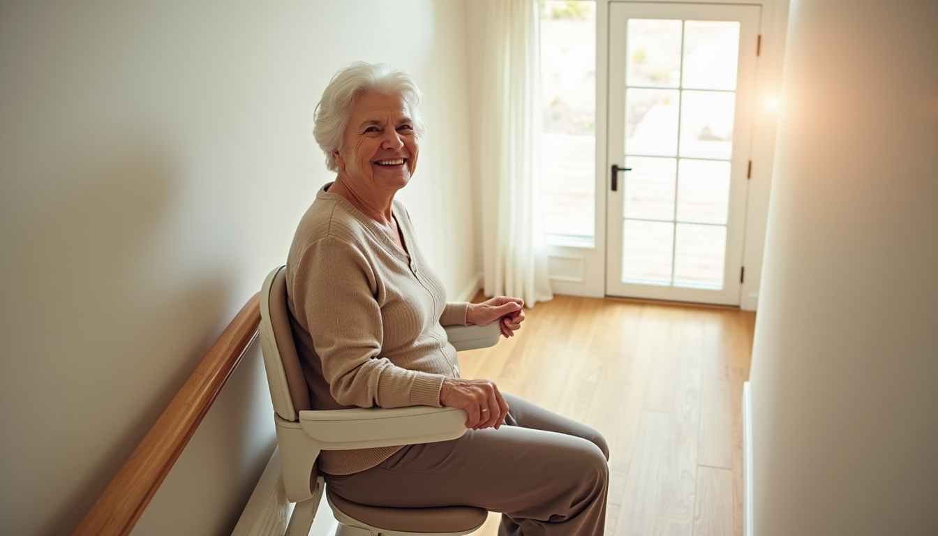 Une personne souriante utilise un fauteuil pour monter les escaliers facilement